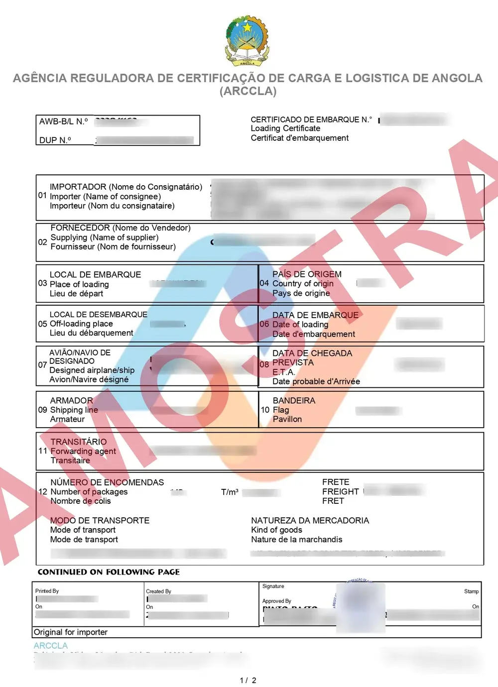 Documento de exemplo oficial CNCA Angola