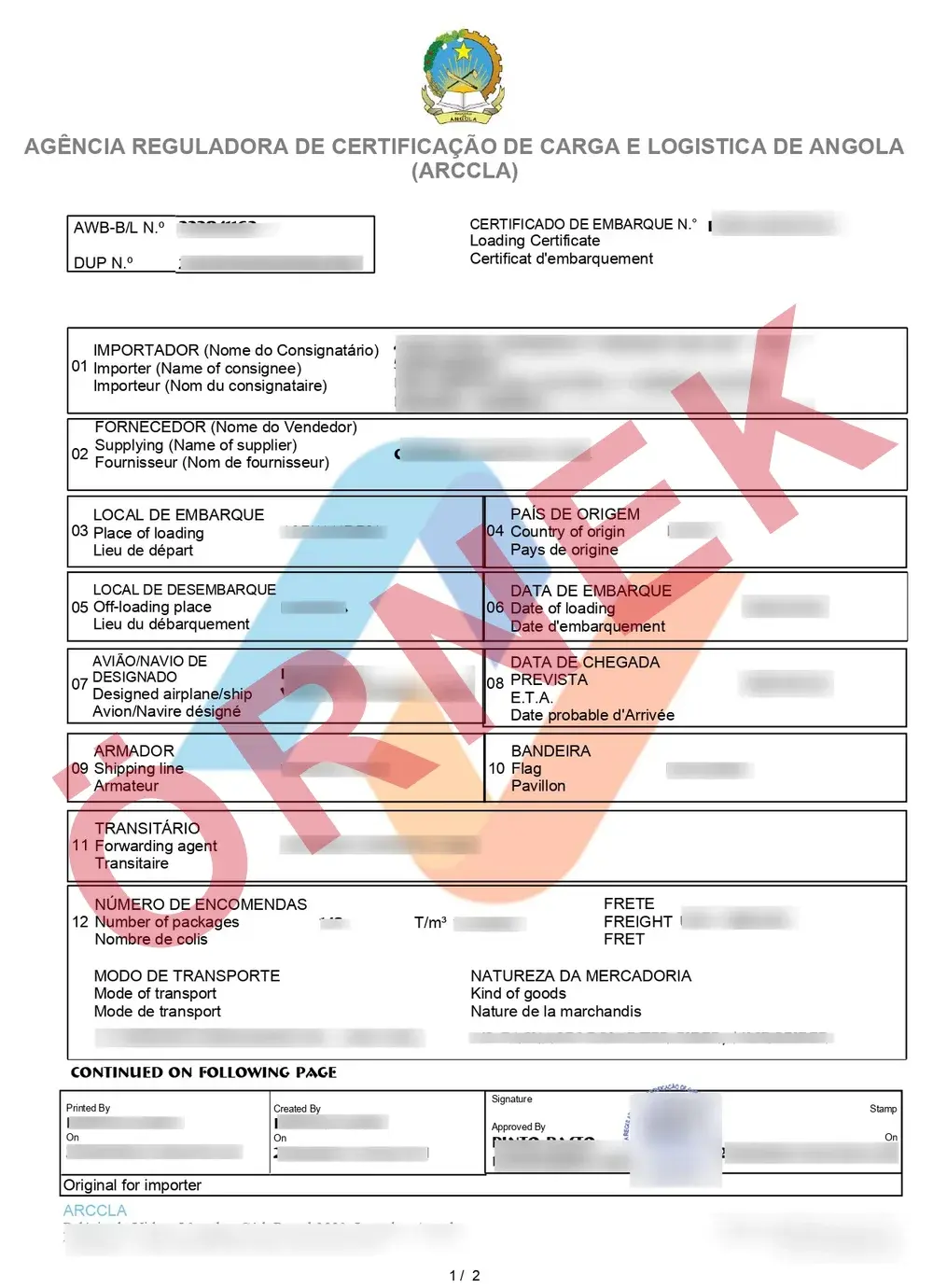 Resmî Angola CNCA örnek belgesi