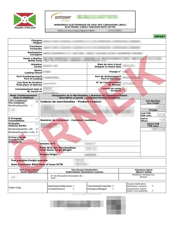 Resmî Burundi ECTN örnek belgesi