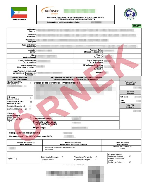 Resmî Equatorial Guinea ECTN örnek belgesi