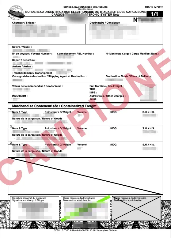 Documento di esempio ufficiale BIETC Gabon