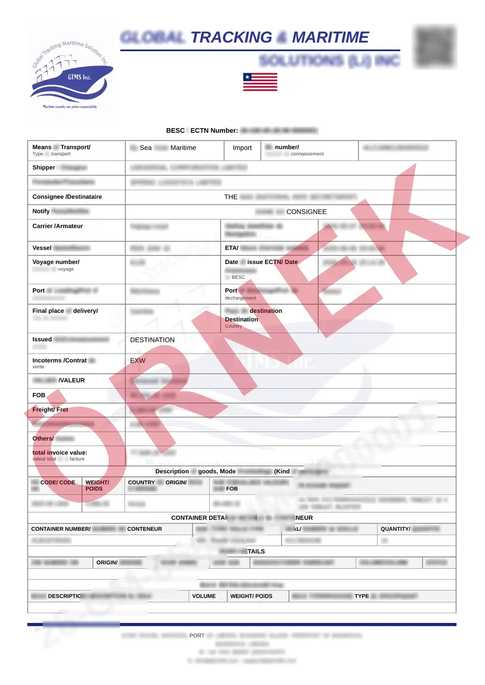 Resmî Gambia CTN örnek belgesi