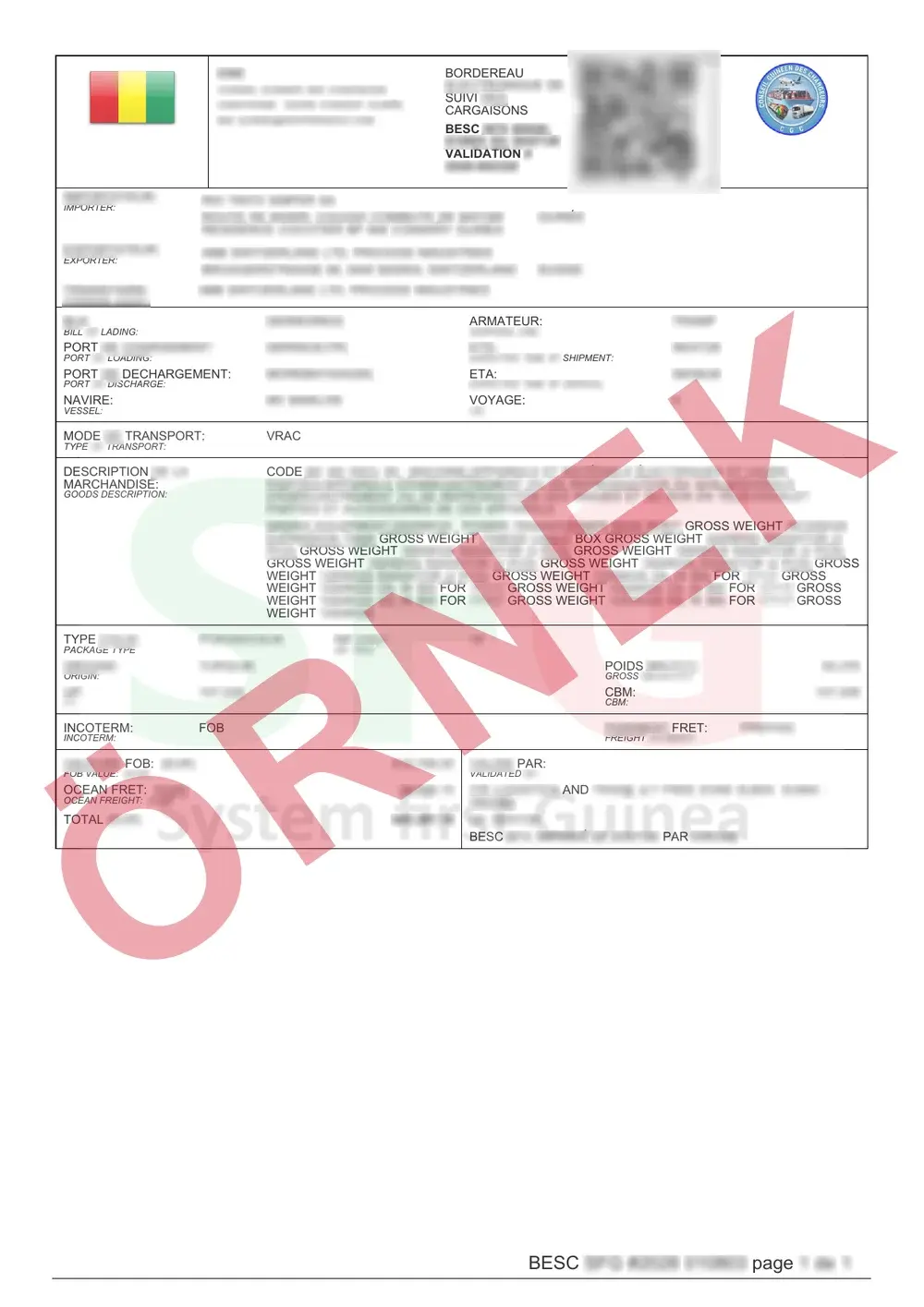Resmî Guinea Conakry ECTN örnek belgesi