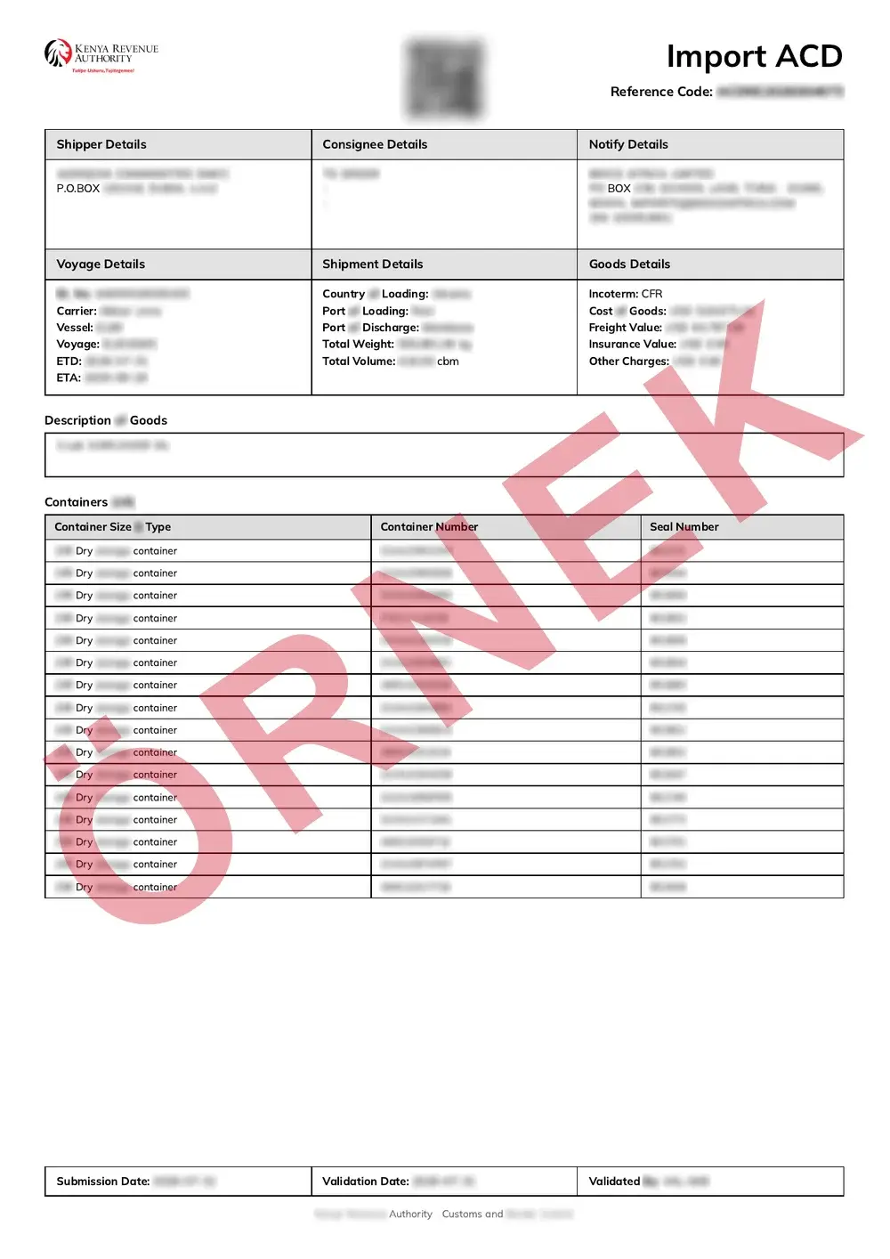 Resmî Kenya ACD örnek belgesi