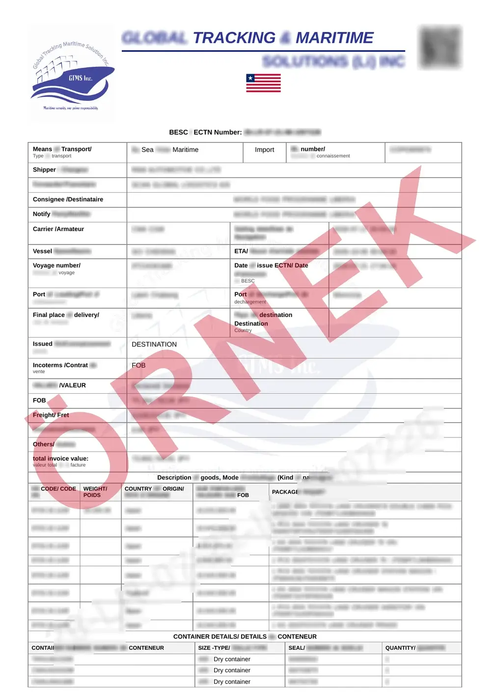 Resmî Liberia CTN örnek belgesi