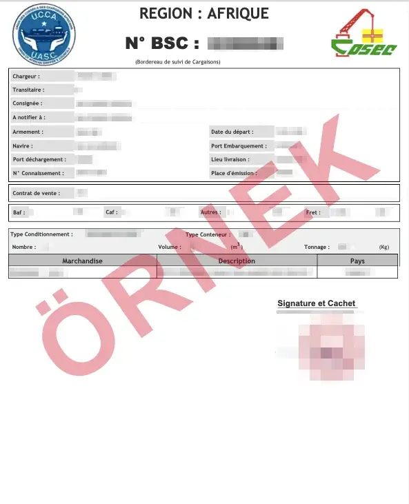 Resmî Senegal BESC örnek belgesi