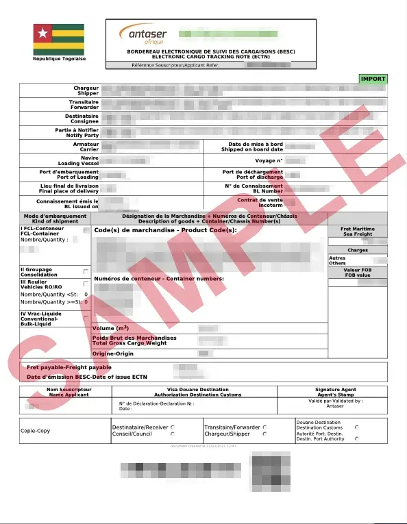 Official Togo ECTN sample document
