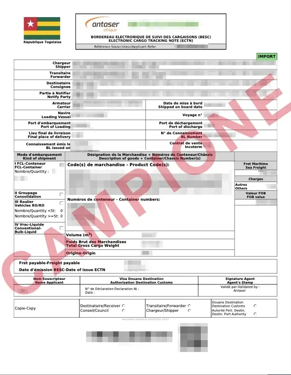 Documento di esempio ufficiale ECTN Togo