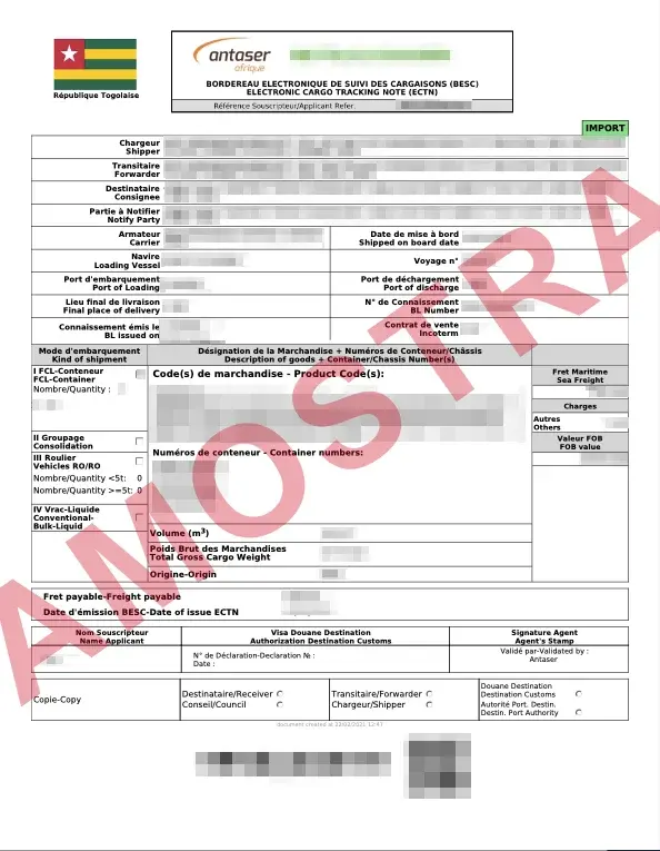 Documento de exemplo oficial ECTN Togo