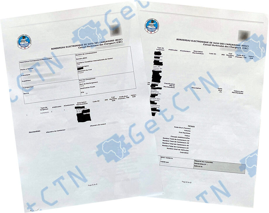 A sample Burkina Faso ECTN / URN Certificate