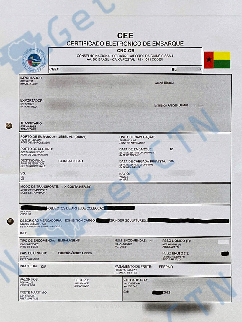 A Sample Guinea Bissau CEE Certificate