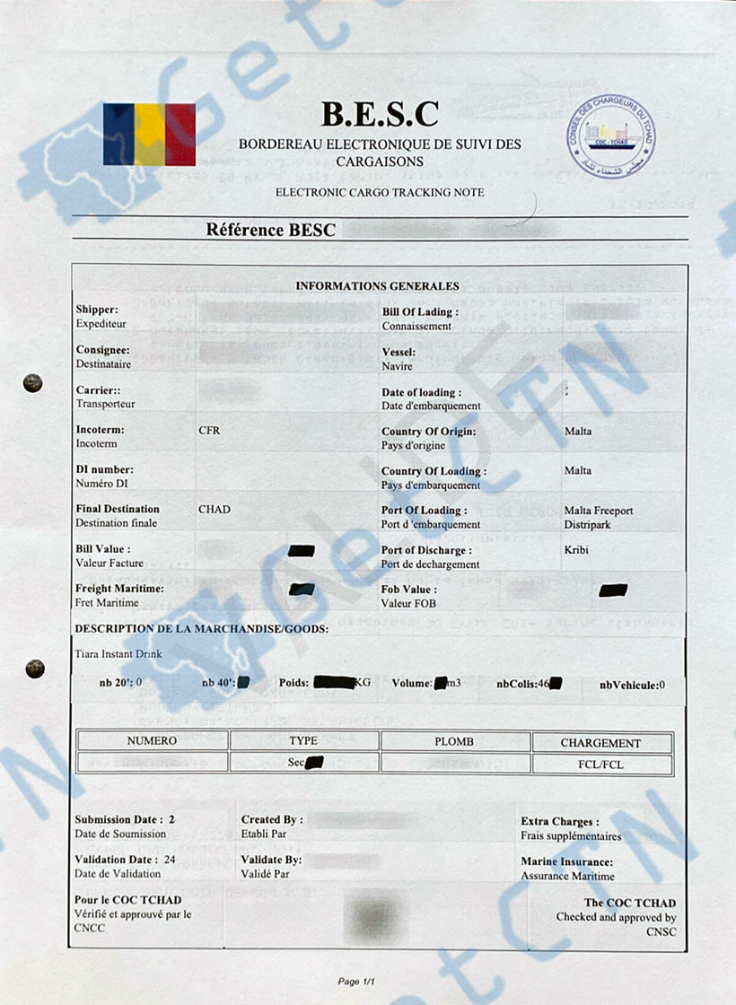 A Sample Republic of Chad ECTN Certificate